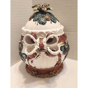 CBI Ceramic Christmas Holiday Candy Jar Holly Berries, Bows, Pine Cones  7" Tall